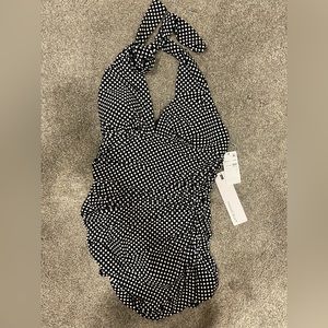 MagicSuit Womens Black & White Polka Dot Print One Piece Ruched Swimsuit 8. Slim